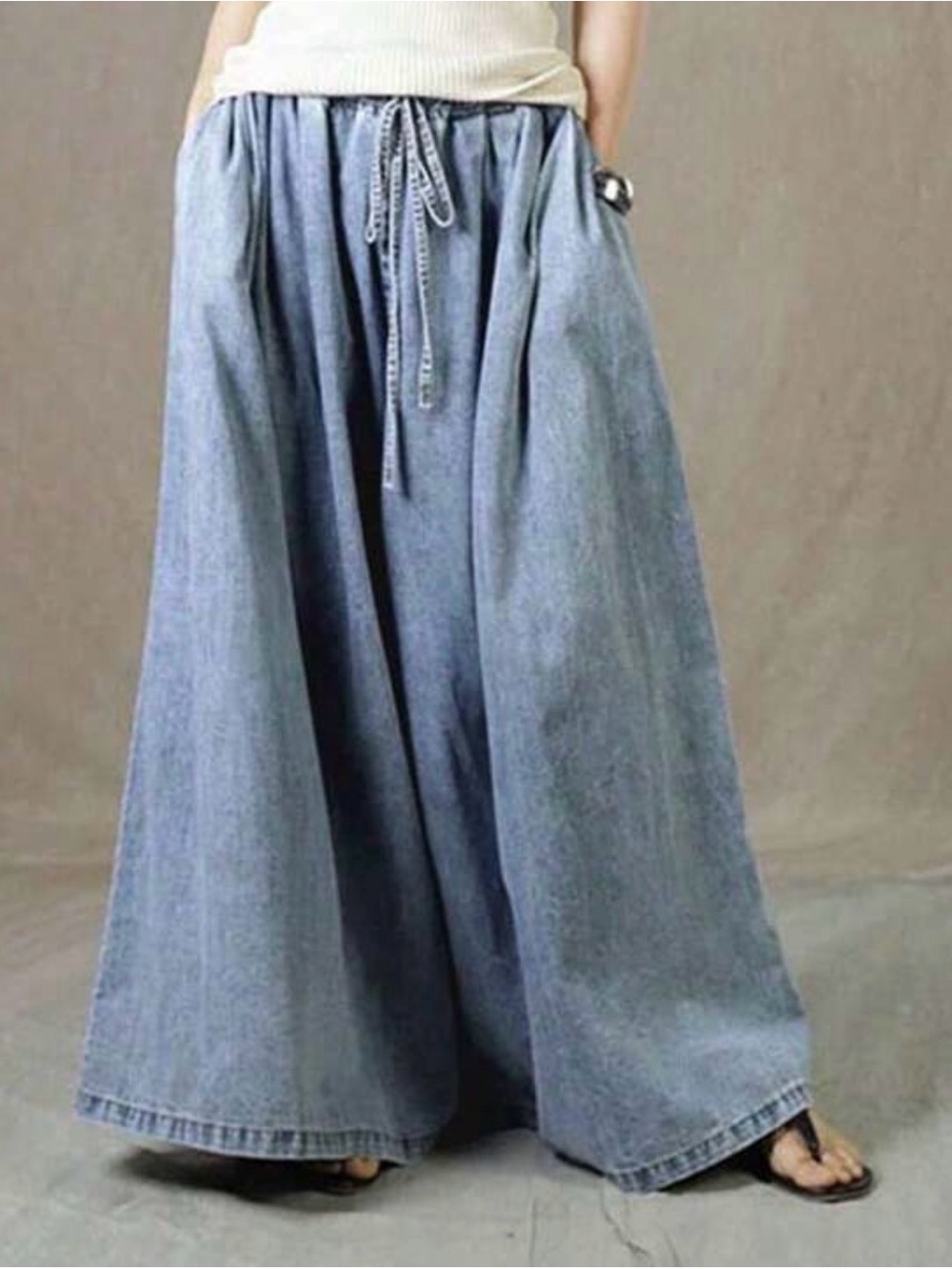 Light Wash Wide Leg Drawstring Denim Pants - Picture 2 of 5